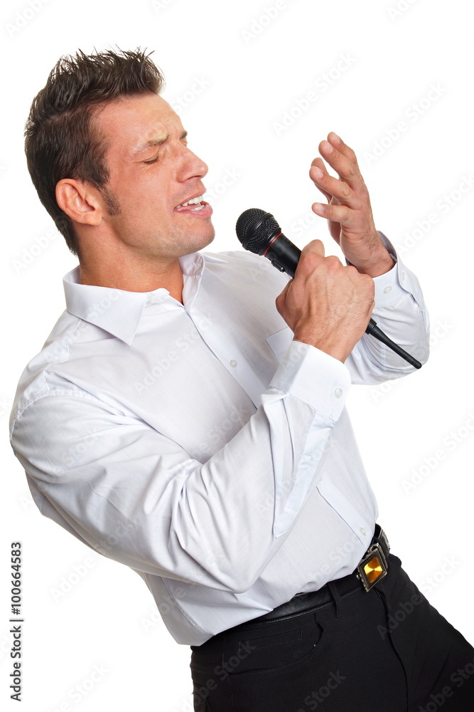 Karaoke with businessman in white shirt singing