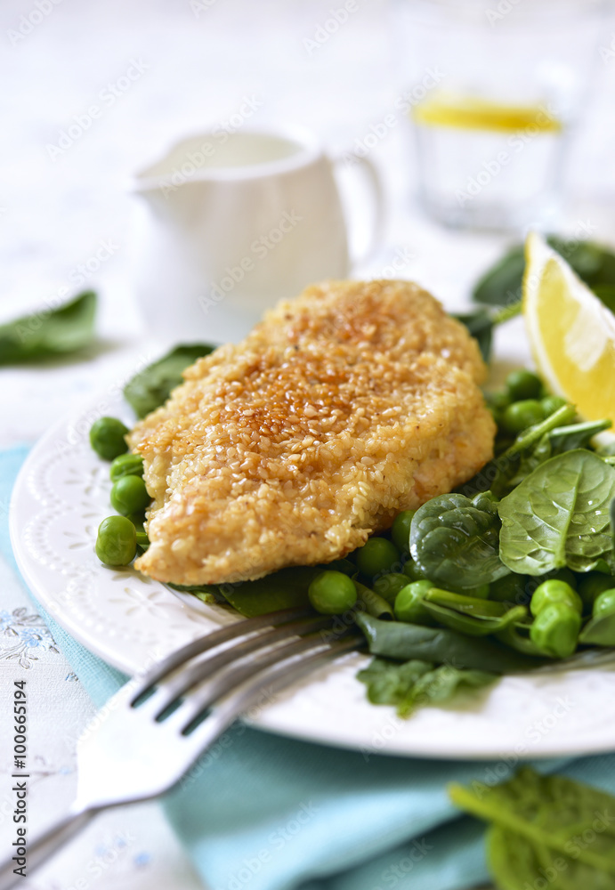 Roasted chicken breast in sesame crust. Roasted chicken breast in sesame crust.
