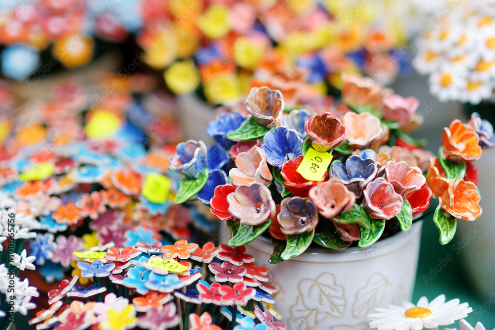 Colorful ceramic flowers sold on Easter market in Vilnius