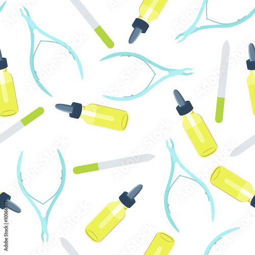 Set of manicure tools - nippers, a nail file and cuticle essential oil. Concept of healthy nails and cuticle. Seamless pattern with nail tools on white background. Isolated vector illustration.
