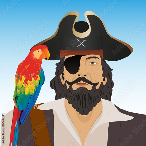 One-eyed pirate with macaw parrot