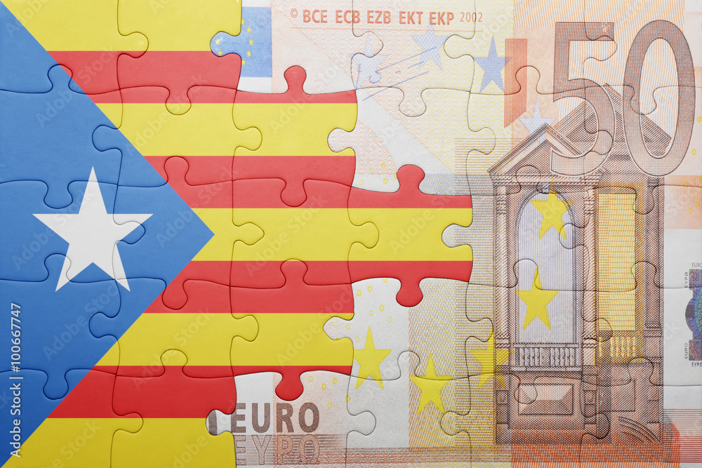 puzzle with the national flag of catalonia and euro banknote