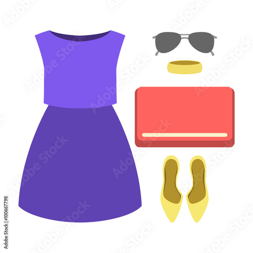 Set of trendy women's clothes. Outfit of woman dress and accessories. Women's wardrobe. Vector illustration
