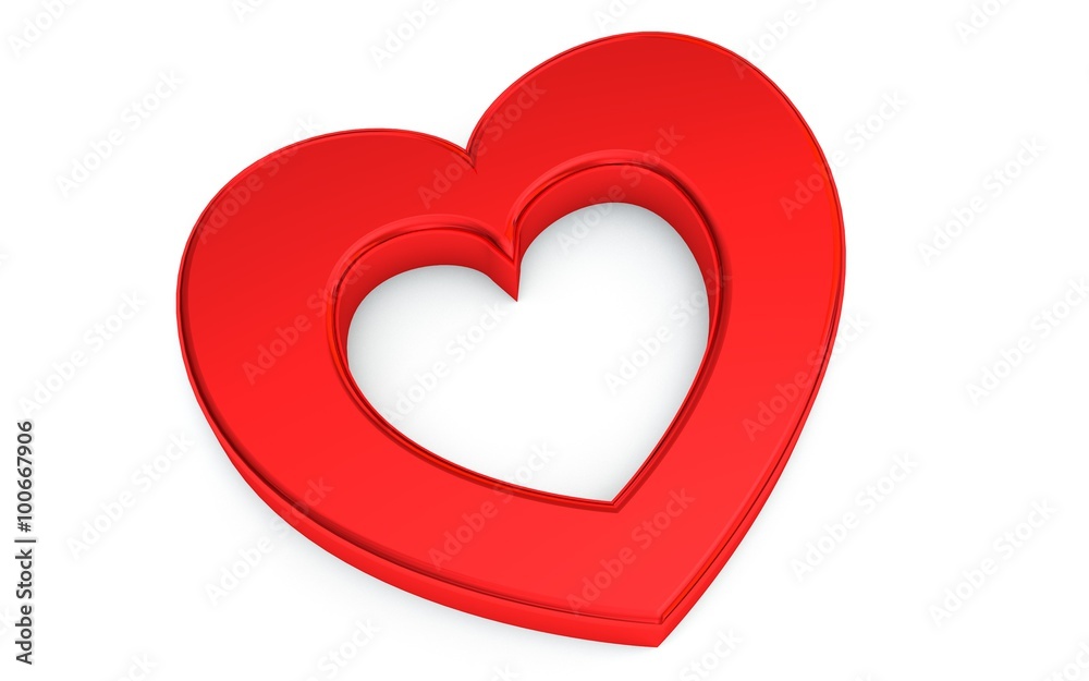 Glossy red heart with convex edges on a white background. Render.
