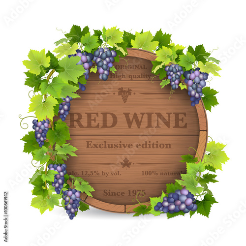 Barrels for wine and vine with grapes.