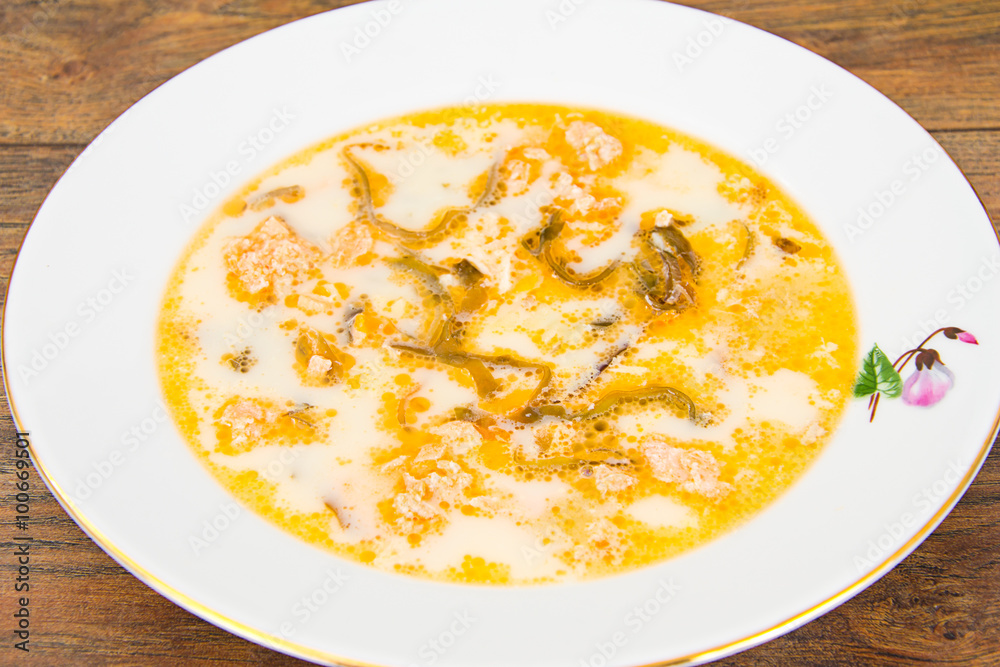 Creamy Fish Soup with Salmon and Seaweed Diet Food Creamy Fish Soup with Salmon and Seaweed Diet Food