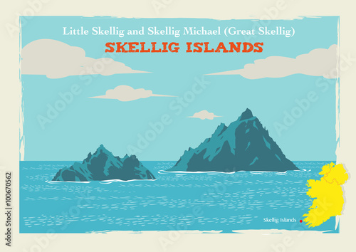 Two Islands Skellig Michael or Great Skellig and Little Skellig in Country Kerry, Ireland. Editable Clip Art. 
 photo