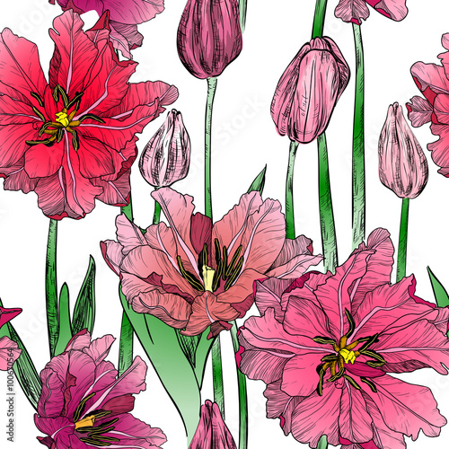 Fototapeta Naklejka Na Ścianę i Meble -  Vector seamless pattern with pink spring tulip flowers
