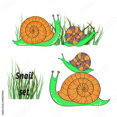 Cute cartoon snails set. Collection of hand drawn vector illustrations isolated on white background. 