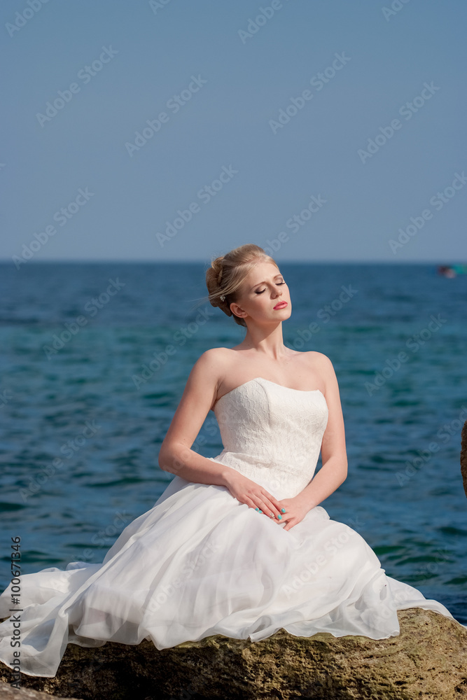 Young beautiful bride, at the stone, in white veil wedding dress Young beautiful bride, at the stone, in white veil wedding dress