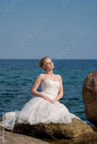 Young beautiful bride, at the stone, in white veil wedding dress