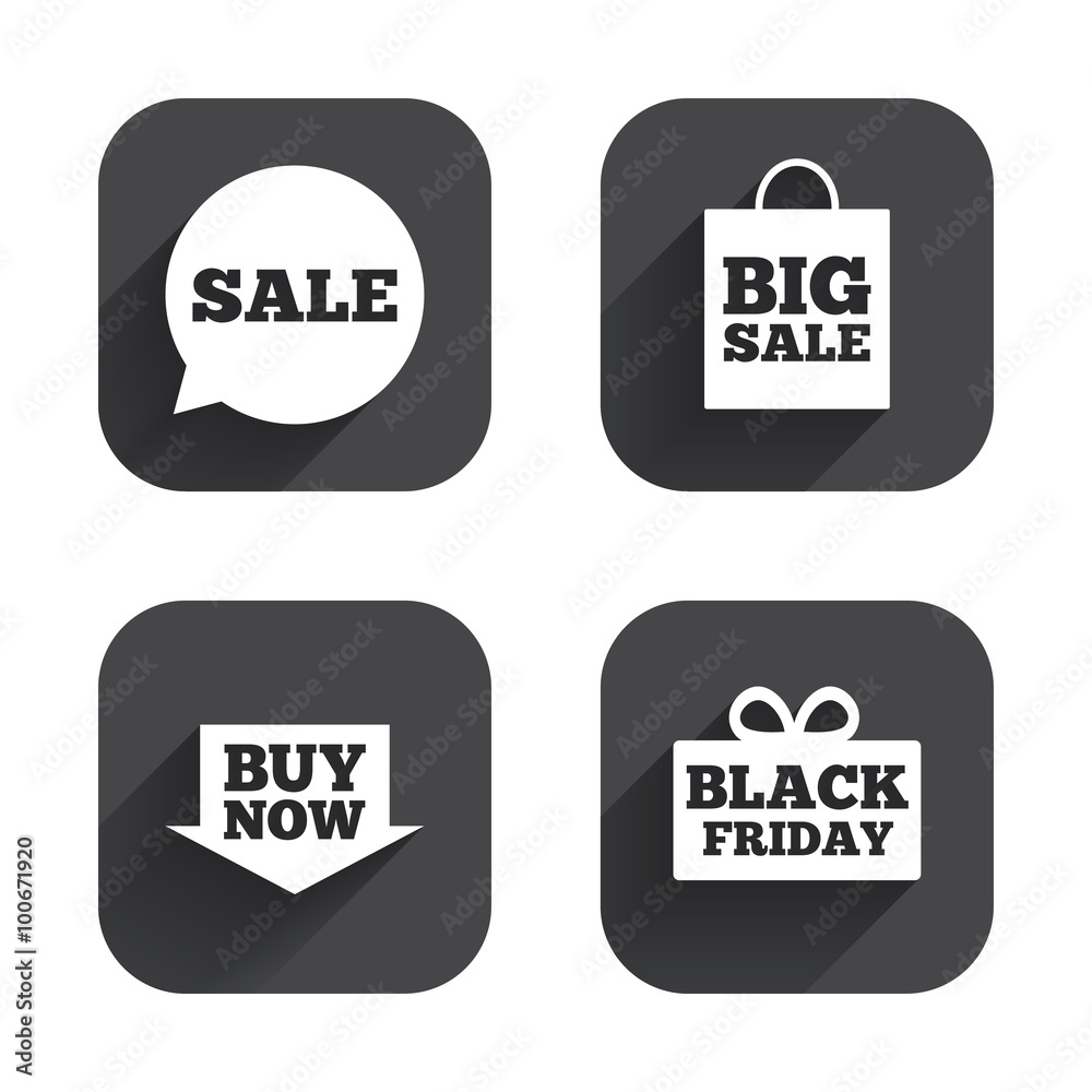 Sale speech bubble icons. Buy now arrow symbol