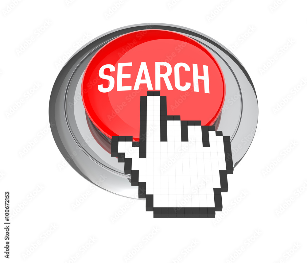 Mouse Hand Cursor on Red Search Button. 3D Illustration. Mouse Hand Cursor on Red Search Button. 3D Illustration.