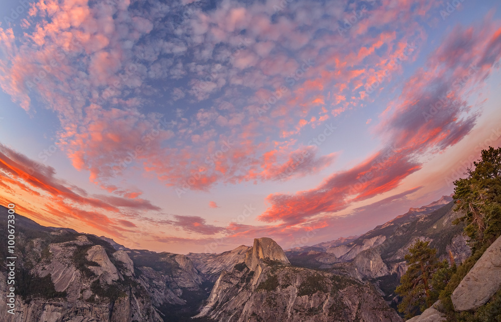 Fisheye lens photo of sunset above Half Dome, Yosemite National Park.
