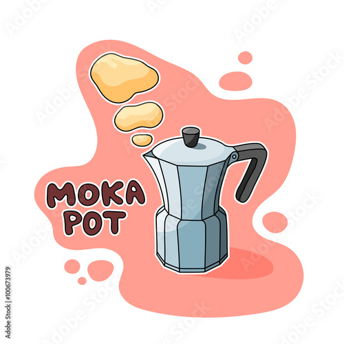 Moka Pot Illustration. EPS10 file with hand drawn vector object. Re-sizable to any size. Stove-top coffee drawing with smoke and catchy background. / Moka Pot Coffee Maker