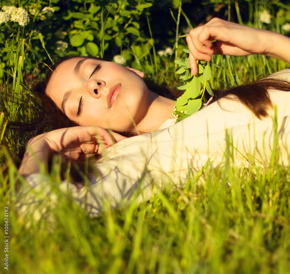 Beautiful girl relaxing outdoor, having fun, harmony concept Beautiful girl relaxing outdoor, having fun, harmony concept