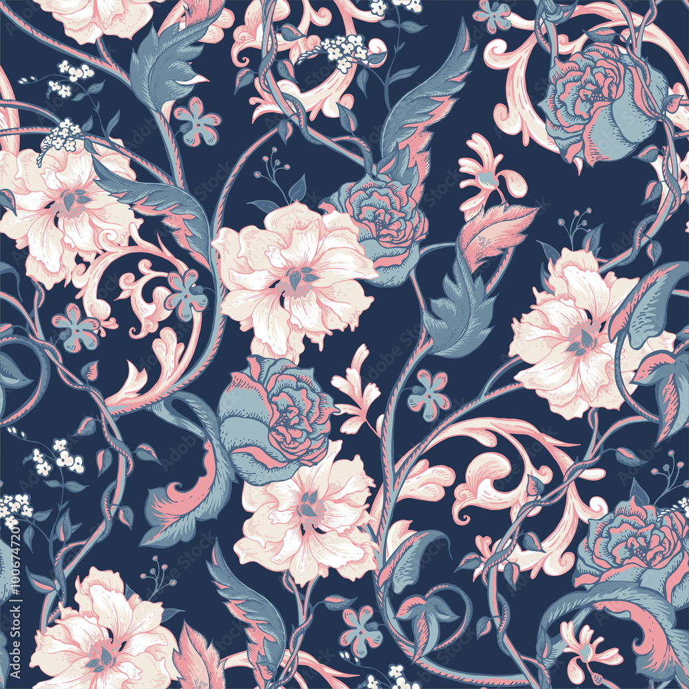 Fototapeta premium Vintage seamless pattern with blooming magnolias, roses and twig