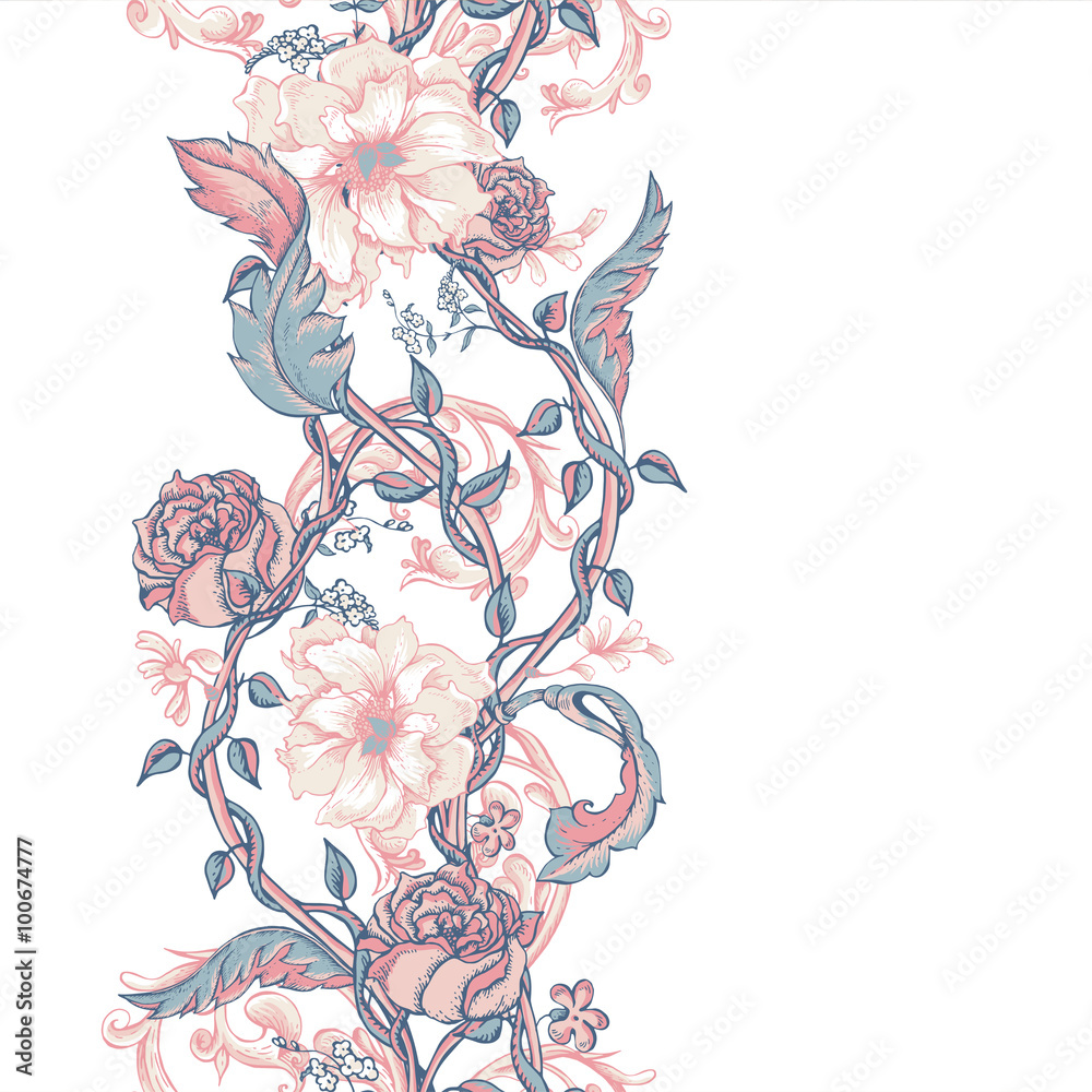 Naklejka premium Vintage seamless border with blooming magnolias, roses and twigs