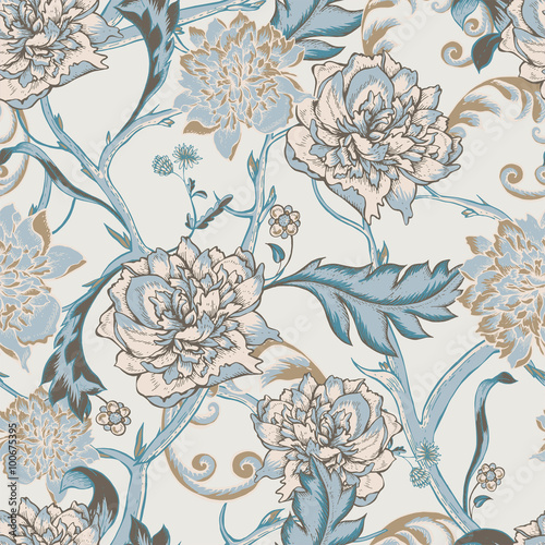 Seamless pattern with blooming peony