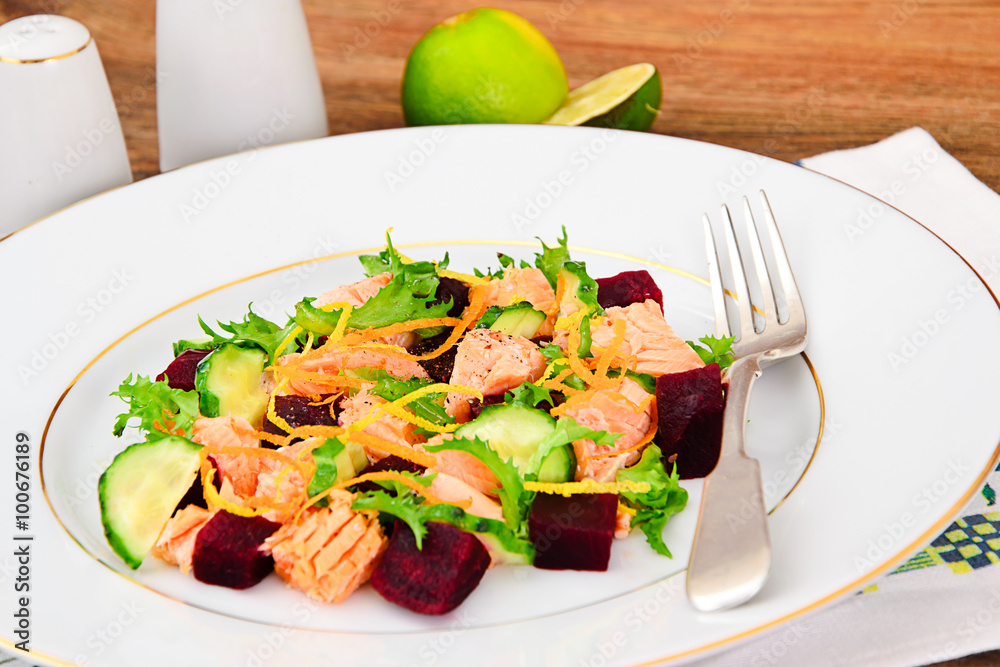 Salad with Beets, Salmon, Cucumber, Arugula, Lemon Zest, Orange, Salad with Beets, Salmon, Cucumber, Arugula, Lemon Zest, Orange,