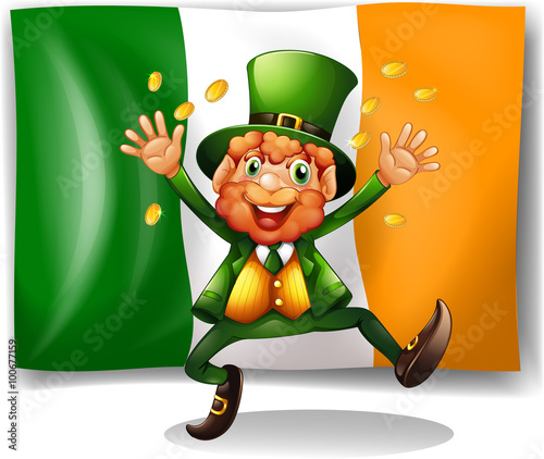 Leprechaun with golden coins by the flag
