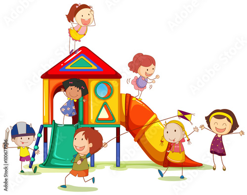 Children playing around the playhouse