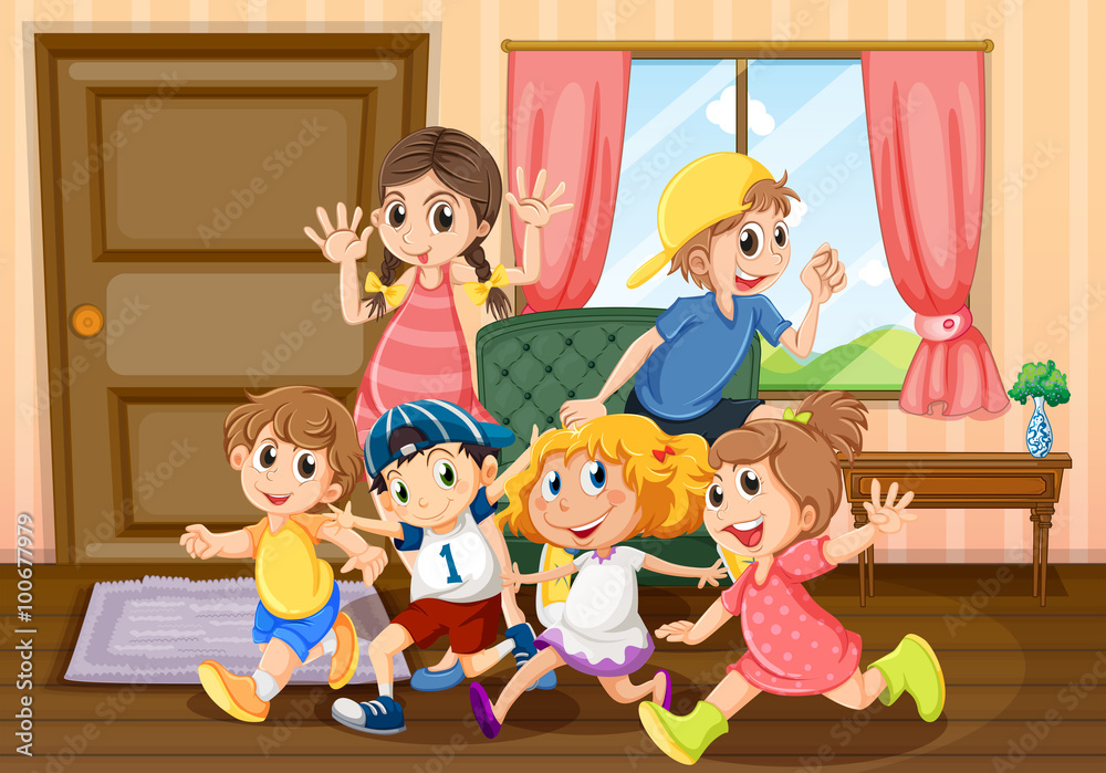 Children running around the room Children running around the room
