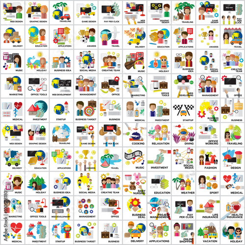 Flat Colorful Icons Set: Vector Illustration, Graphic Design. Collection Of Color Icons. For Web, Websites, Print, Presentation Templates, Mobile Applications And Promotional Materials