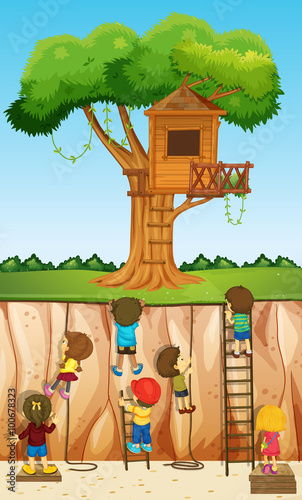 Children climbing up the cliff