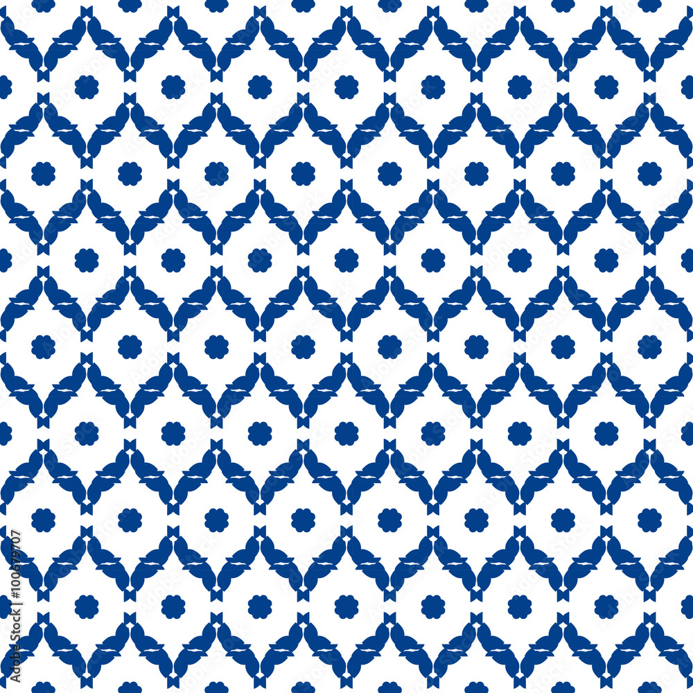 Blue and white moroccan seamless pattern. Oriental abstract motifs. Ceramic or textile net mesh pattern tiles.