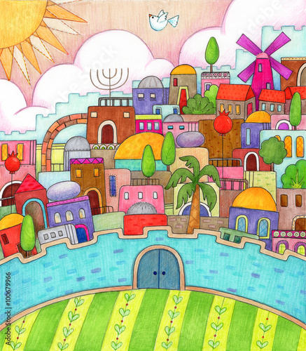 Surreal Jerusalem - Detailed, colorful illustration of surreal Jerusalem made with markers and colored pencils.