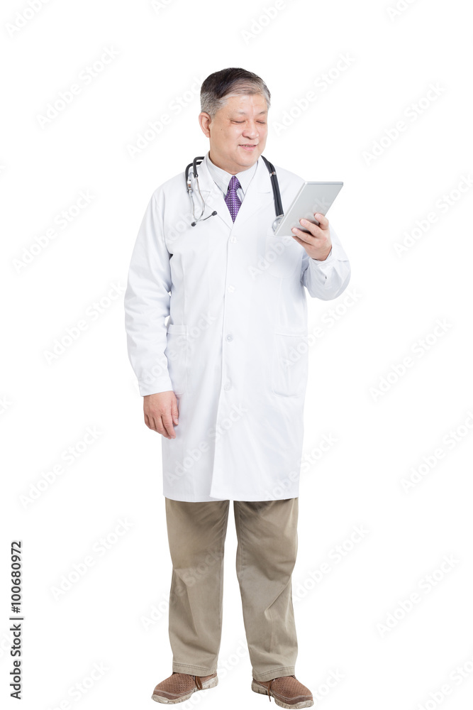 old asian man doctor in white with digital tablet old asian man doctor in white with digital tablet