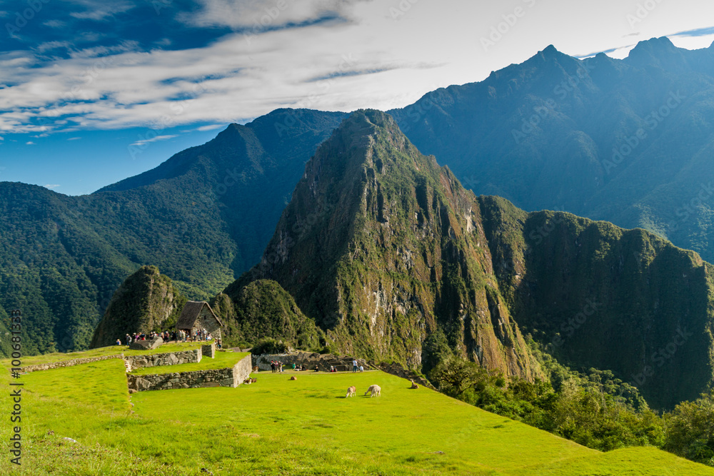  View of Machu Picchu ruins, Peru. Guarhouse in the middle.