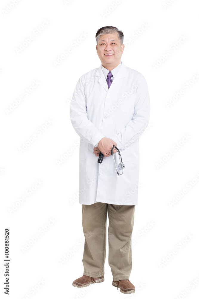 old asian man doctor in white stands smiling old asian man doctor in white stands smiling