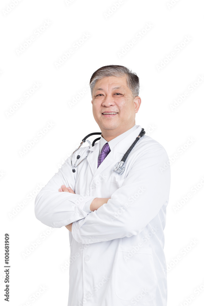 old asian man doctor in white stands smiling old asian man doctor in white stands smiling