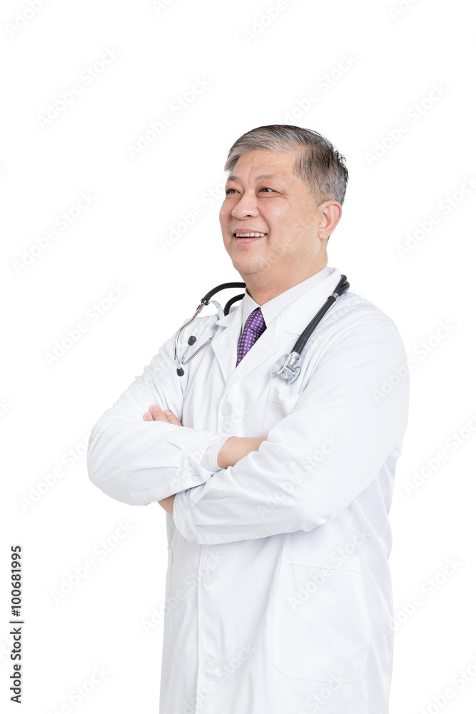 old asian man doctor in white stands smiling old asian man doctor in white stands smiling