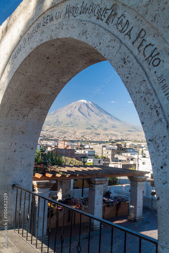 Misti volcano and arches at Yanahuara square in Arequipa, Peru