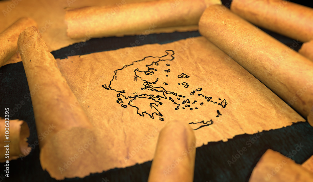 Greece Map Drawing Unfolding Old Paper Scroll 3D - obrazy, fototapety, plakaty 