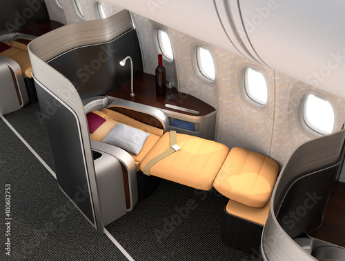Close-up of luxurious business class seat with metallic silver partition. 3D rendering image in original design. © chesky