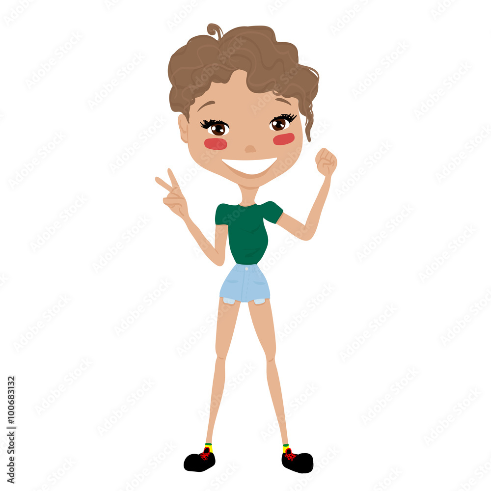 Cute Cartoon Girl with a Short Hair and Beautiful Smile, Flat Design Cute Cartoon Girl with a Short Hair and Beautiful Smile, Flat Design