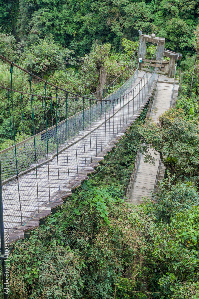 Fototapeta premium Wiszące mosty prowadzące do punktu widokowego na wodospadzie Pailon del Diablo (Devil's Cauldron) w pobliżu miasta Banos w Ekwadorze