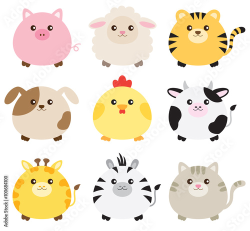 Vector illustration of fat animals including pig, sheep, tiger, dog, chicken, cow, giraffe, zebra and cat.