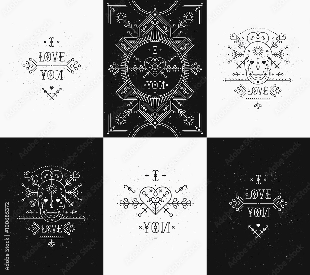 Fototapeta premium Set of Love card with line romantic and abstract elements