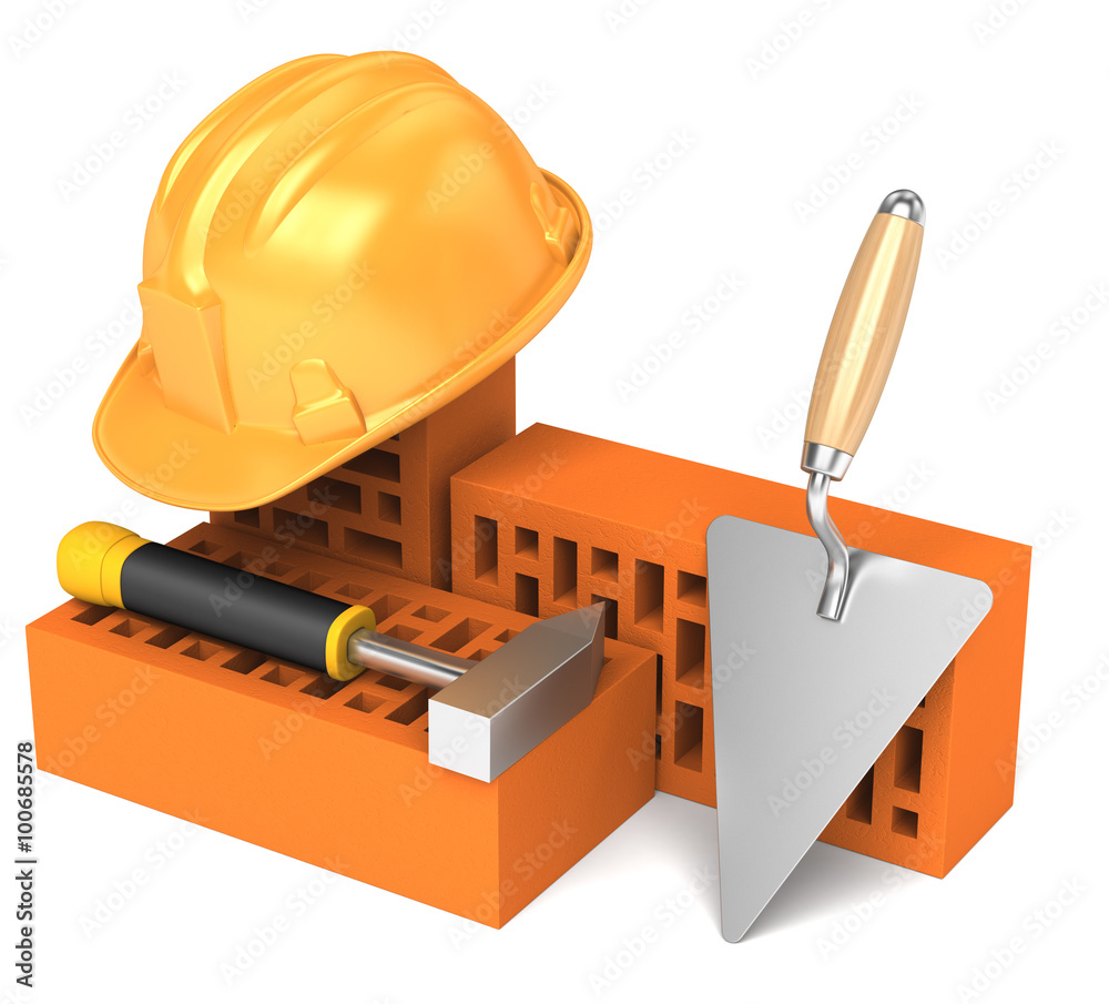 helmet with bricks and trowel helmet with bricks and trowel