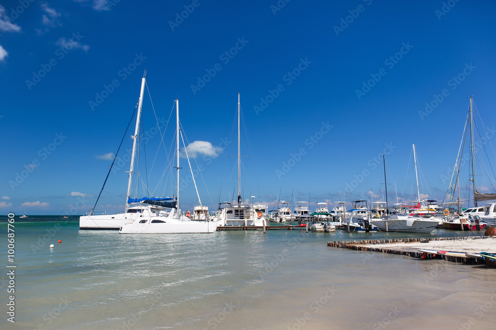 Yachts and sailboats moored in marina