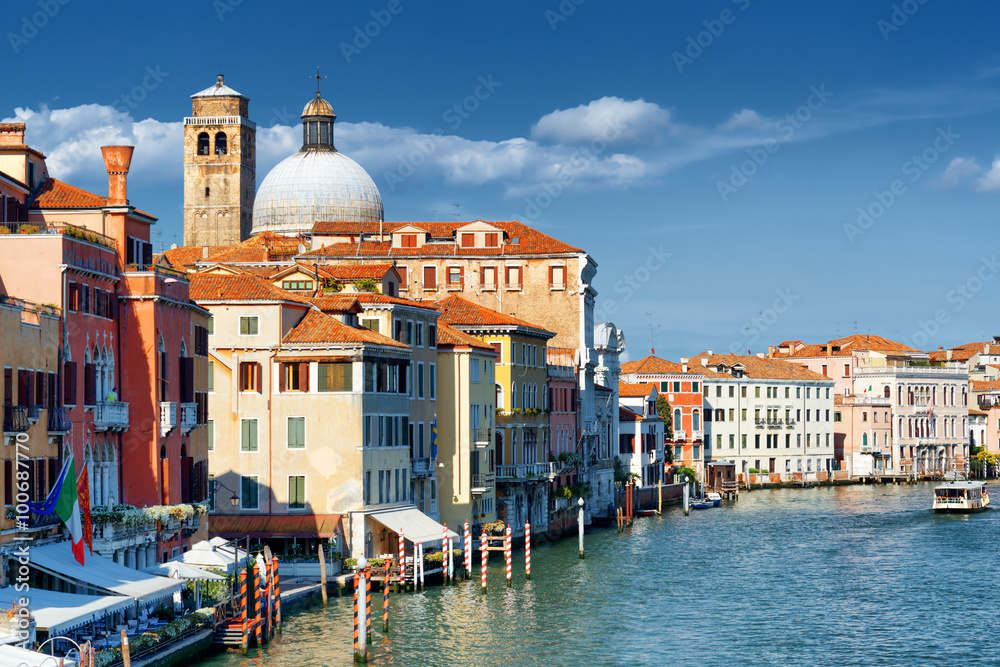 View of colorful facades of houses and the Grand Canal, Venice