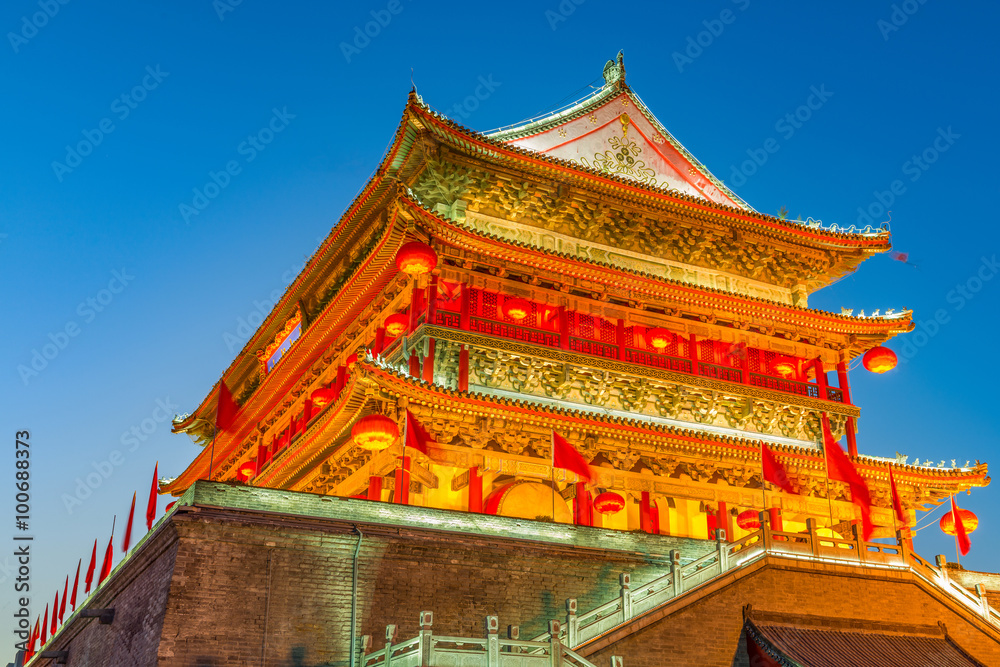 ancient tower at dusk in xian city wall ,China ancient tower at dusk in xian city wall ,China