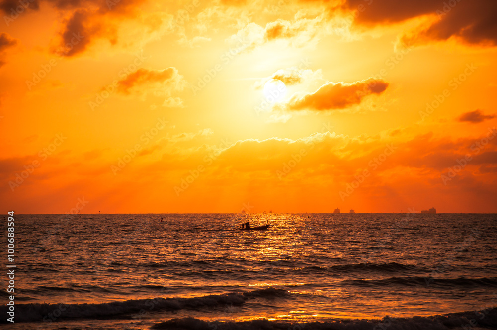 boat on the sea in sunrise or sunset period
