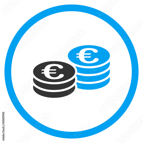 Euro Coin Stacks vector icon. Style is bicolor flat circled symbol, blue and gray colors, rounded angles, white background.