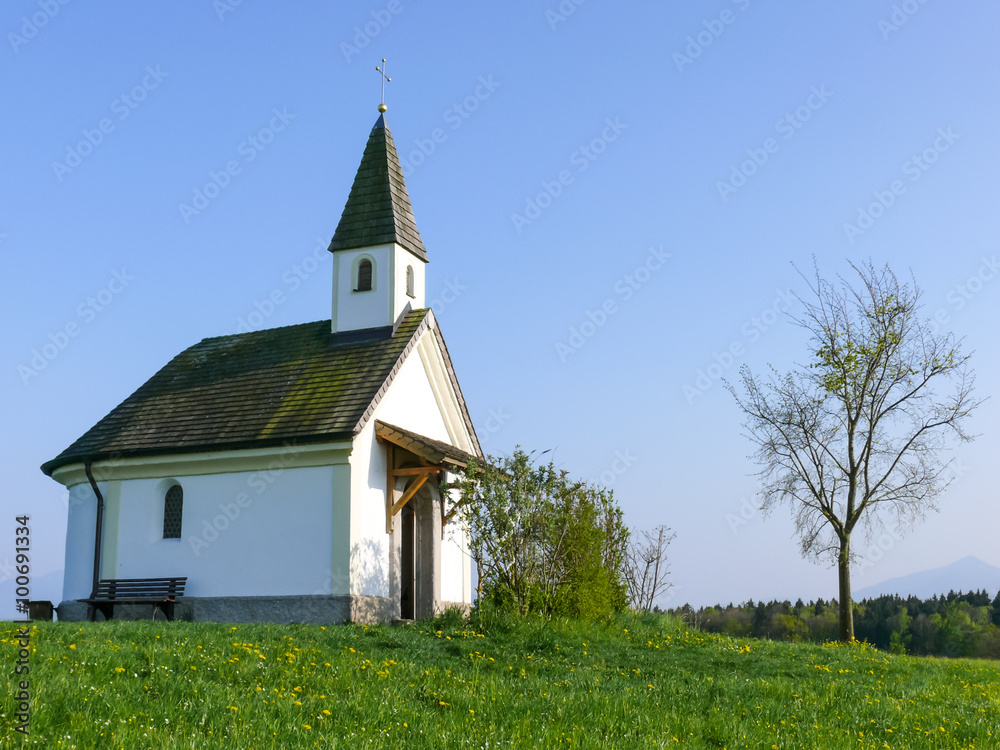 Small stone chapel in a Springtime meadow field IV